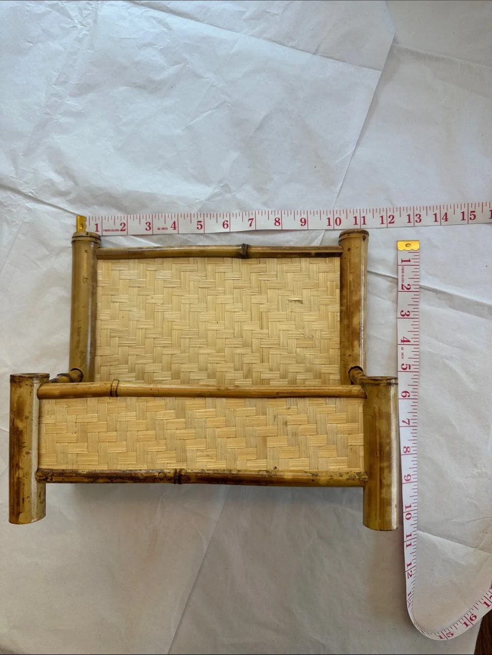 Vintage Burnt Tortoise/Tiger Bamboo Woven Rattan Bench Boho Mail Holder
